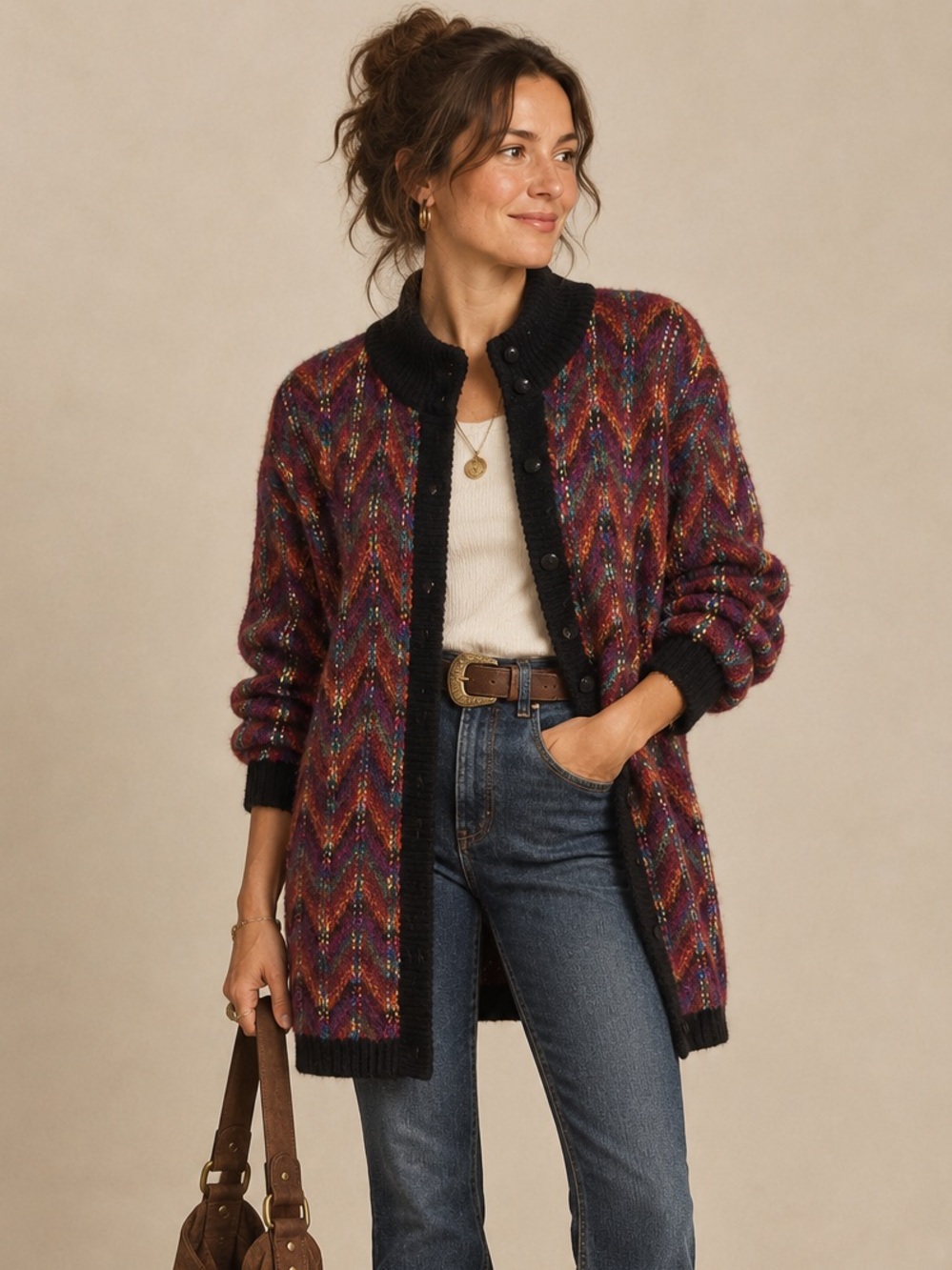Yarnworks | Mohair Blend Chunky Chevron Zig Zag Cardigan Sweater Coat, Size M